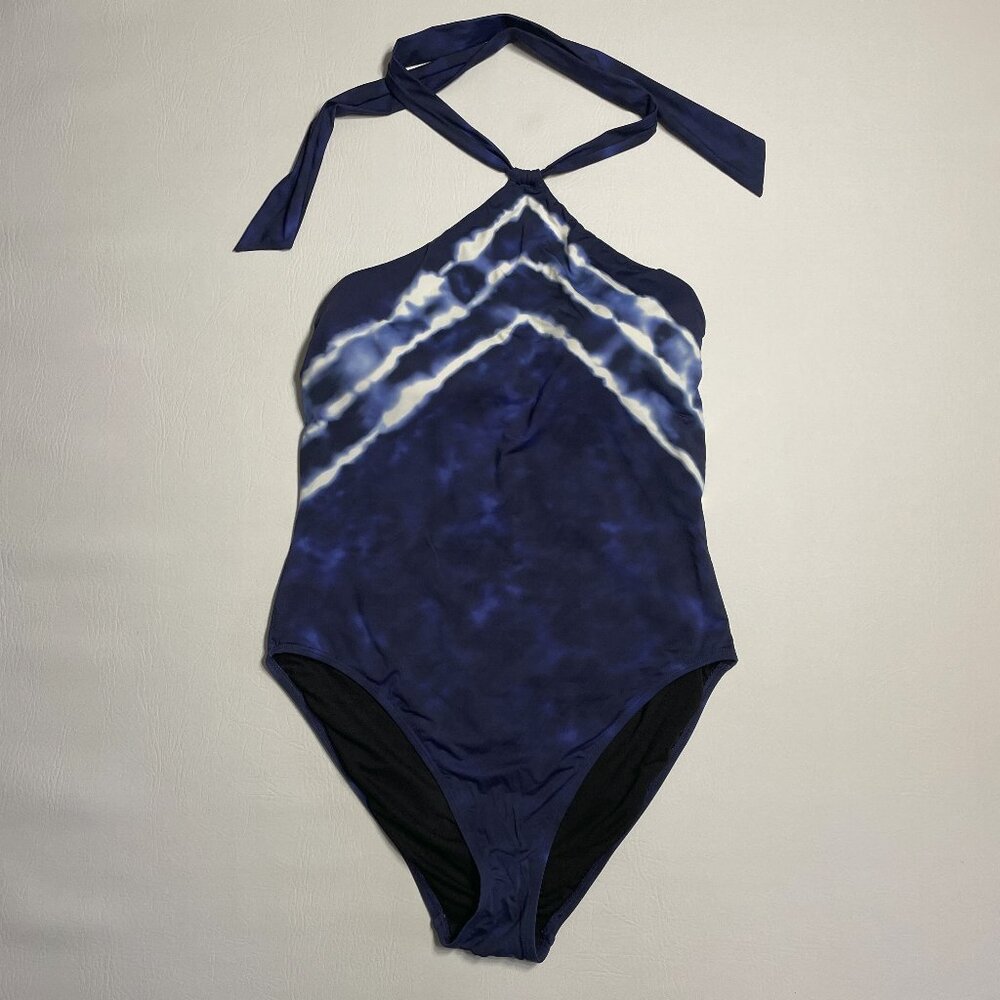 Lauren Ralph Lauren One Piece Swimsuit Size 14 Halter Bathing Tie Dye Navy Blue